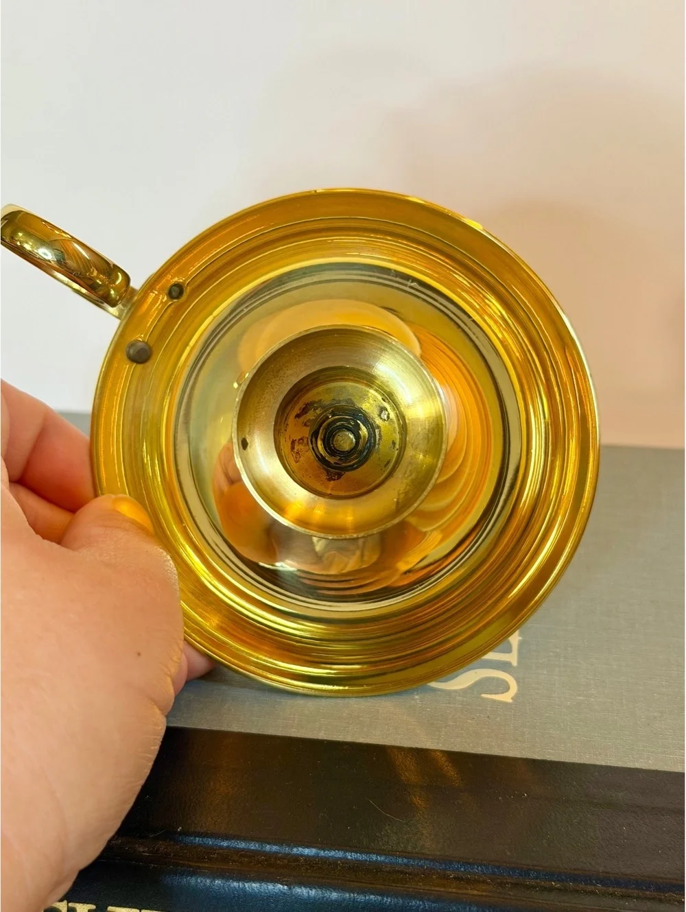 Vintage Solid Brass Chamberstick Candle Holder Finger Loop Handle Gold Tone